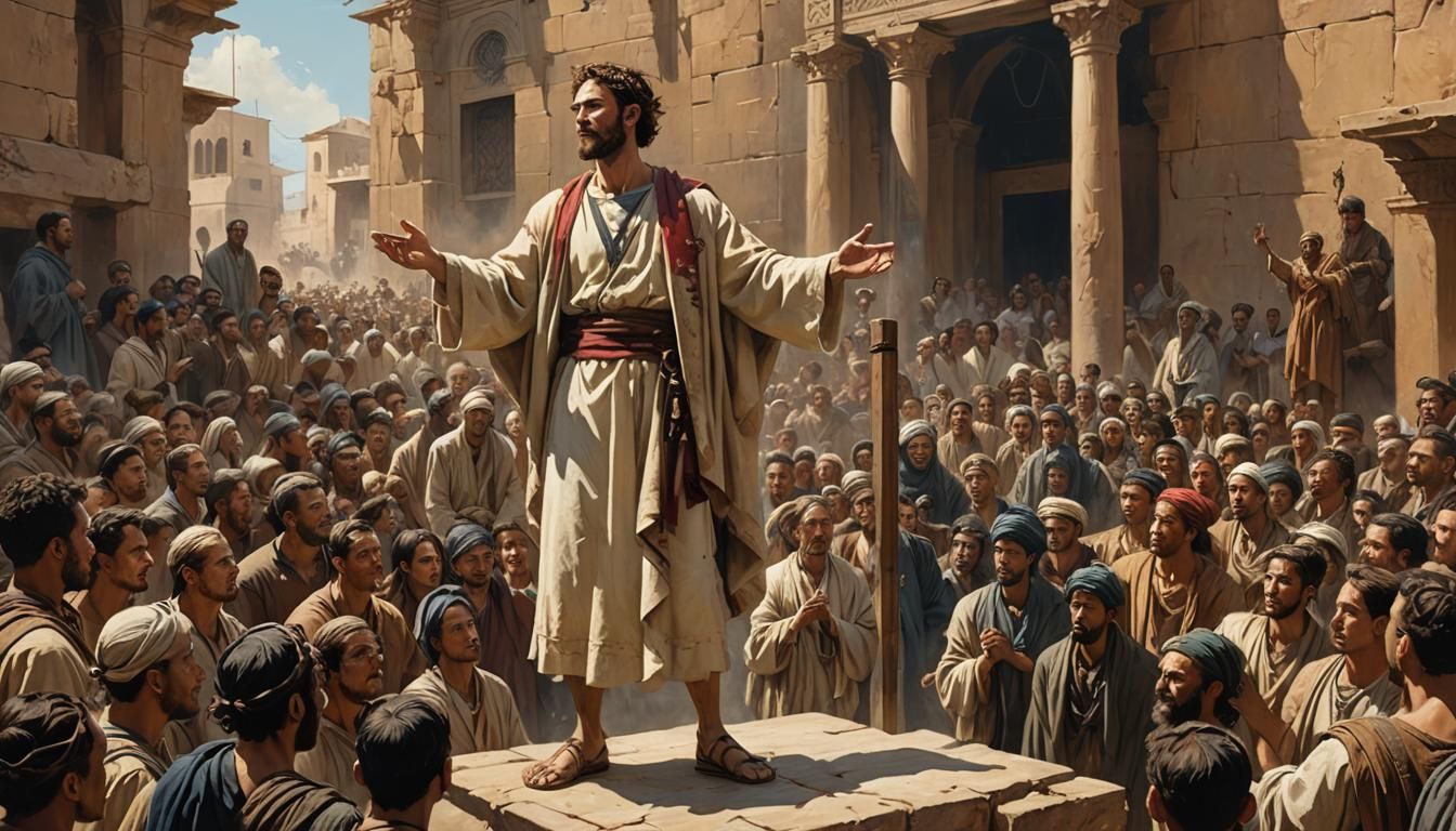 Apostle Preaching to Crowd in Hyperrealistic Style