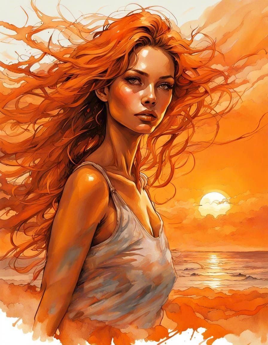 Orange Haired Woman Portrait, Splash Art Style