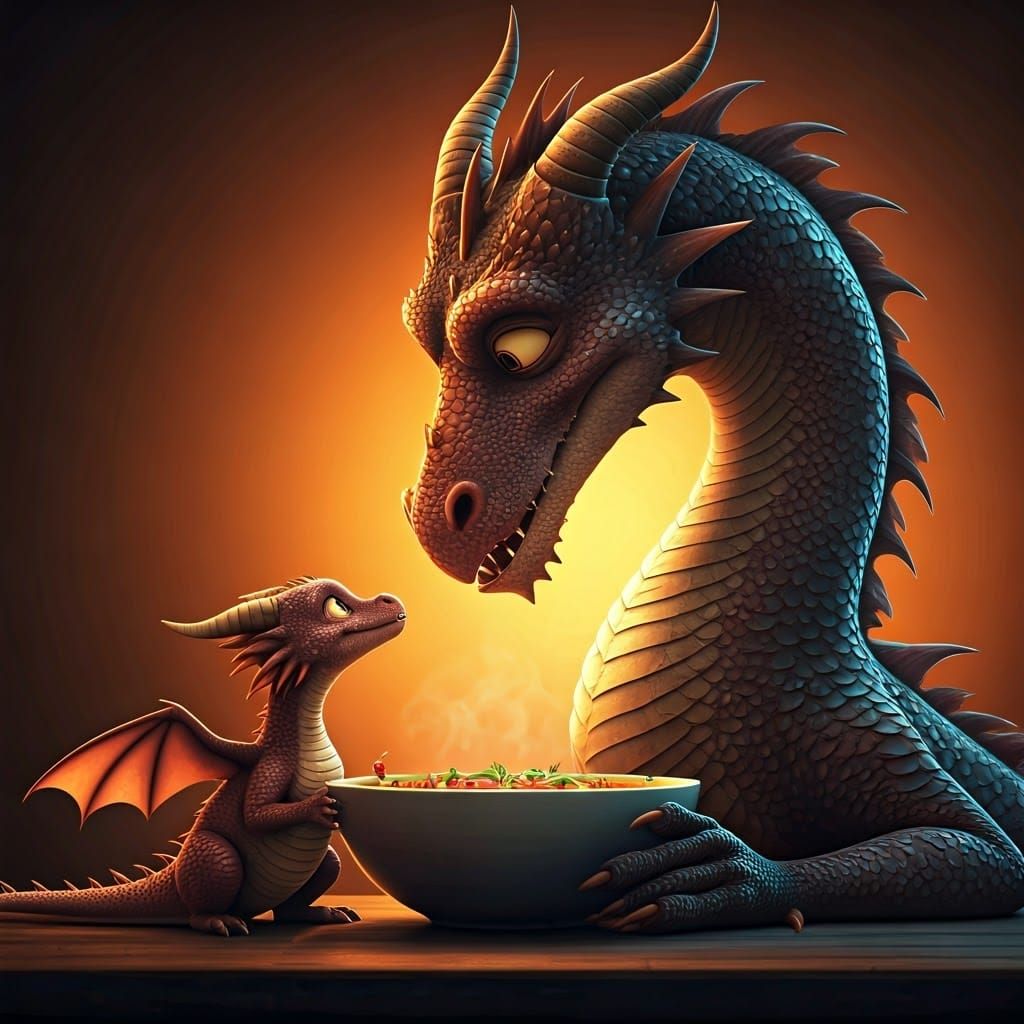 Mother Dragon Feeds Daughter Hot Pepper Soup in Whimsical In...
