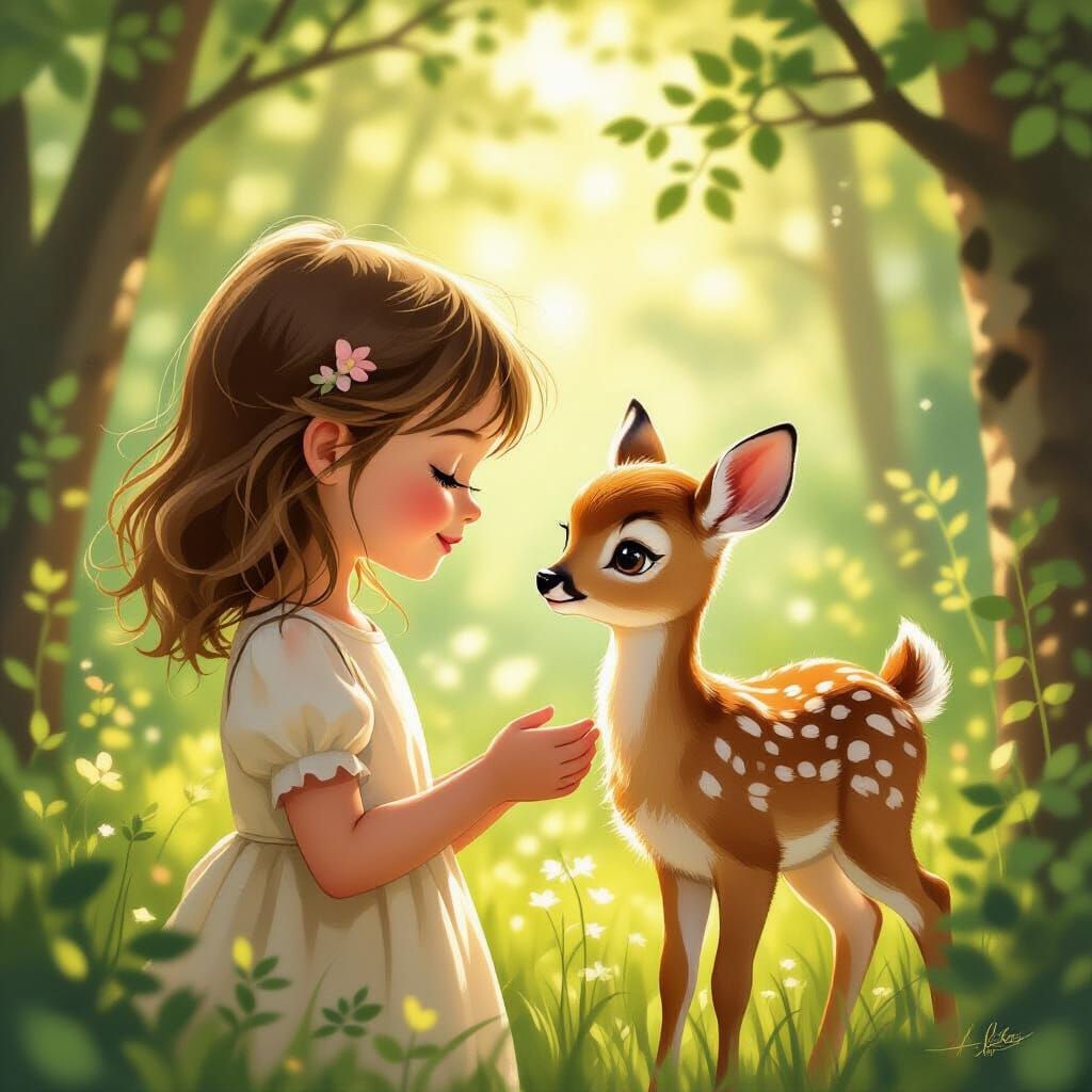 Girl and Fawn Share Tender Forest Gaze in Painterly Style