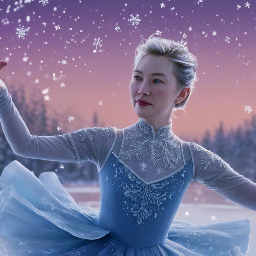 Ballet Dancer on Frozen Lake in Anime 3D Style