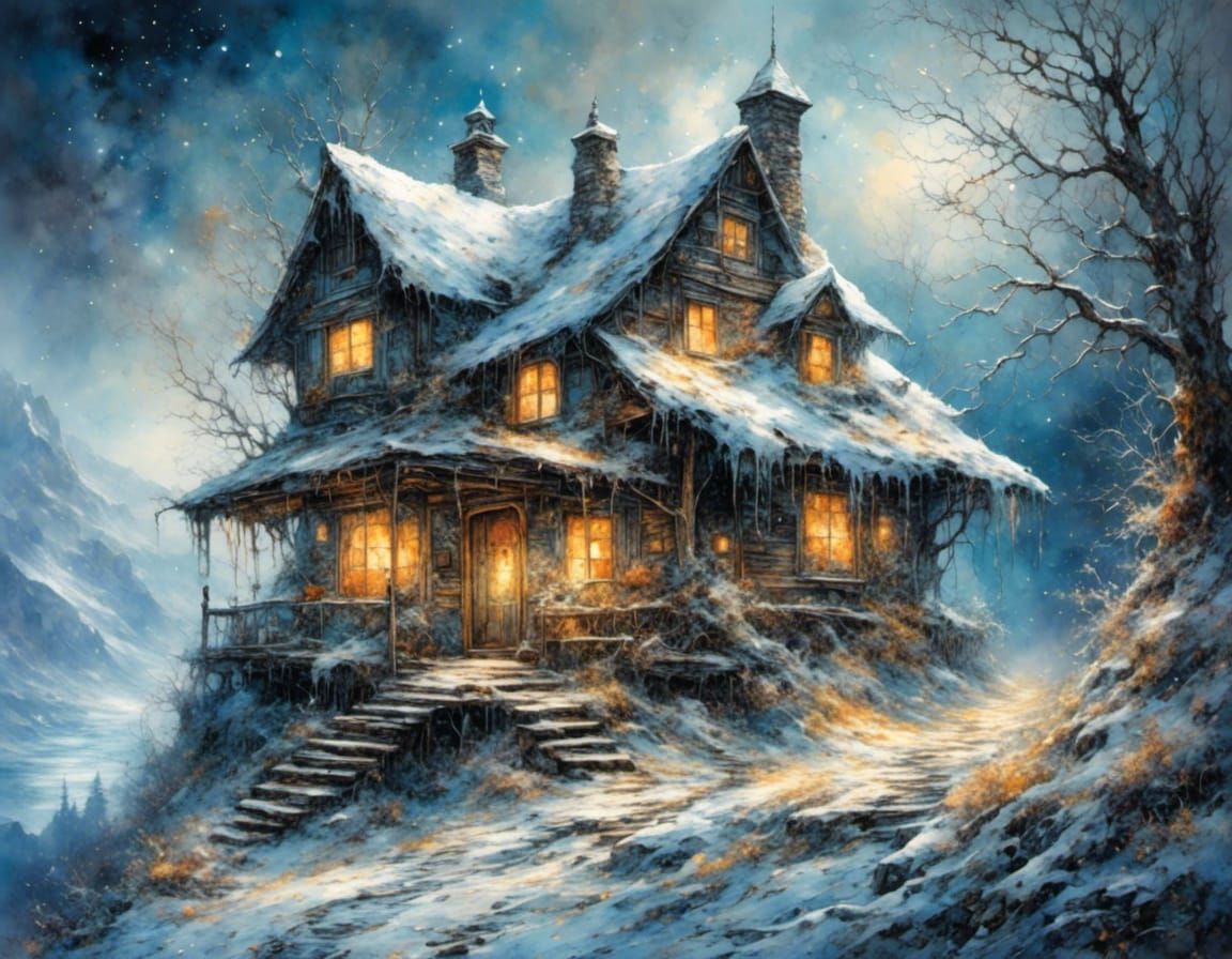 Surreal Snowy Cabin in Mixed Media Collage