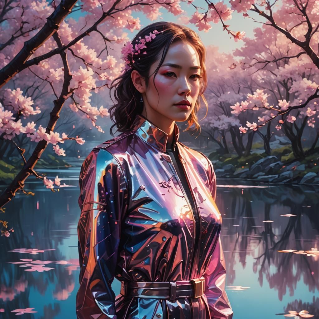 Cyberpunk Lady Under Cherry Blossoms at Dusk