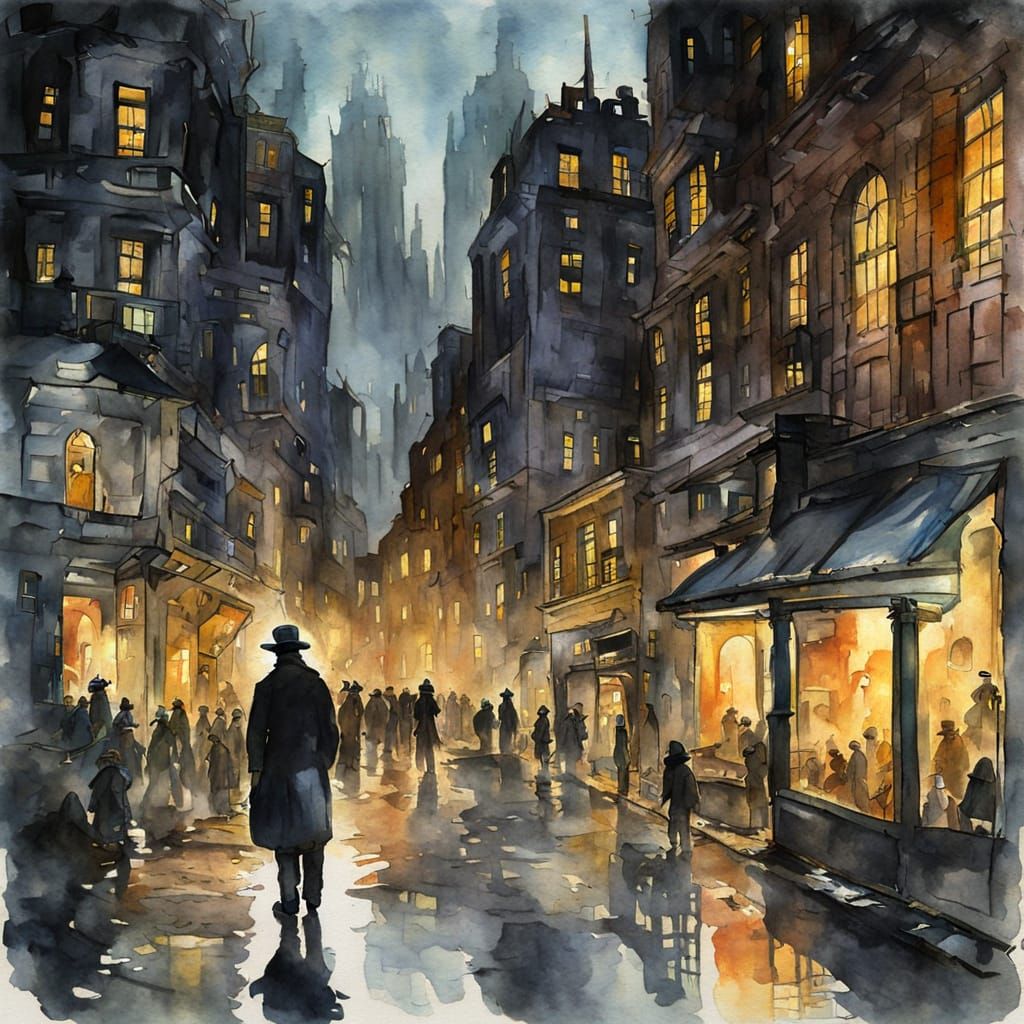 Futuristic City at Night Watercolor Painting