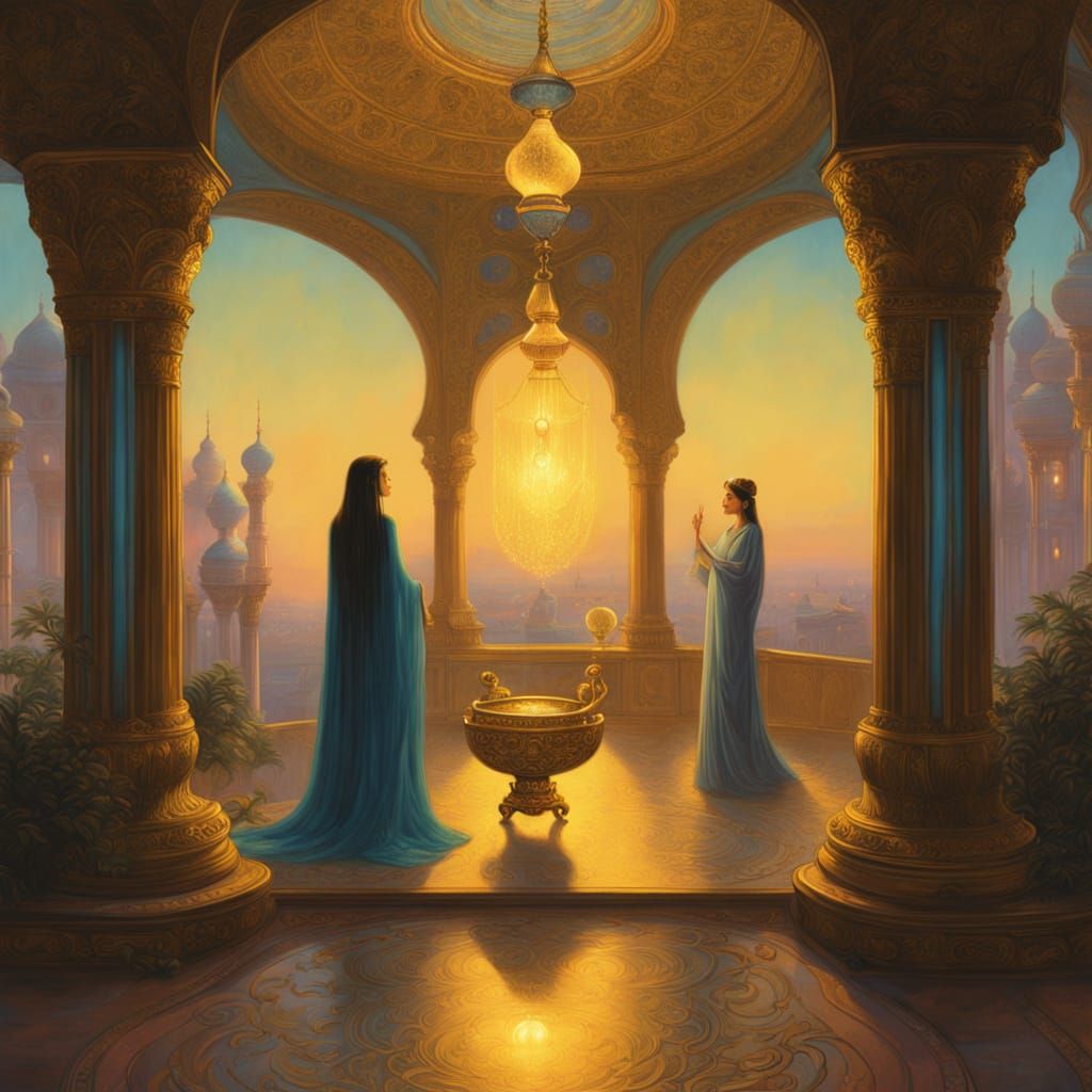 Golden Genie Rises from Arabian Palace in Ethereal Light