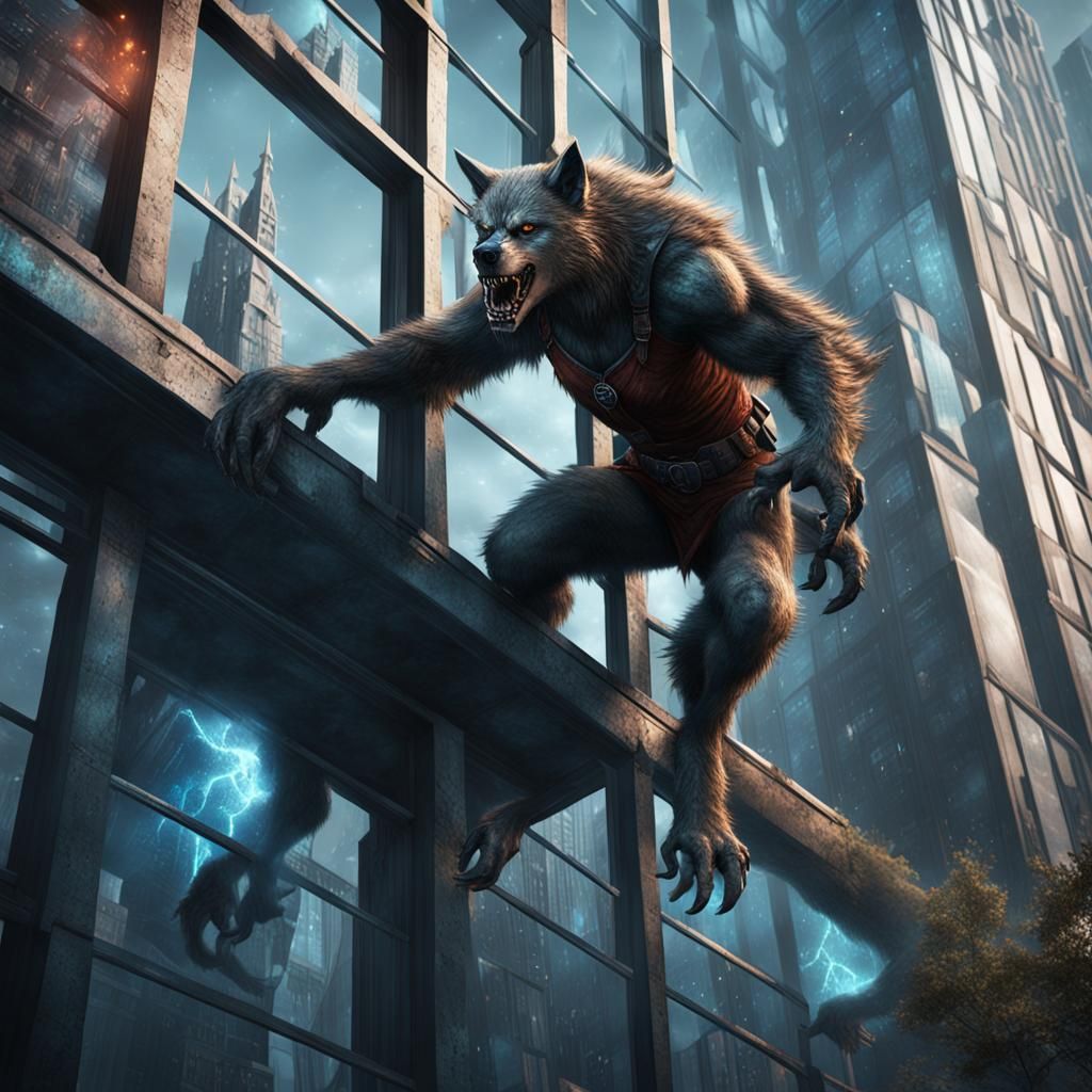 Female Werewolf Climbs Glass Building: Detailed Matte Painti...