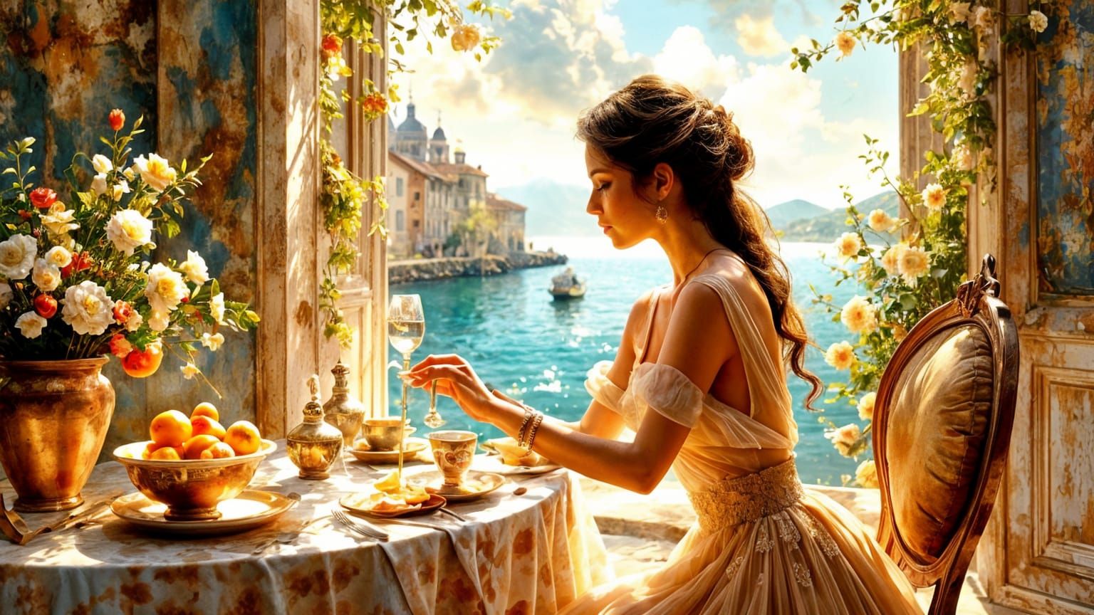 Cute girl on a terrace in a coastal town