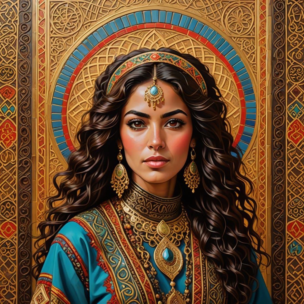 Middle Eastern Woman with Dark Brown Curly Hair in Tradition...