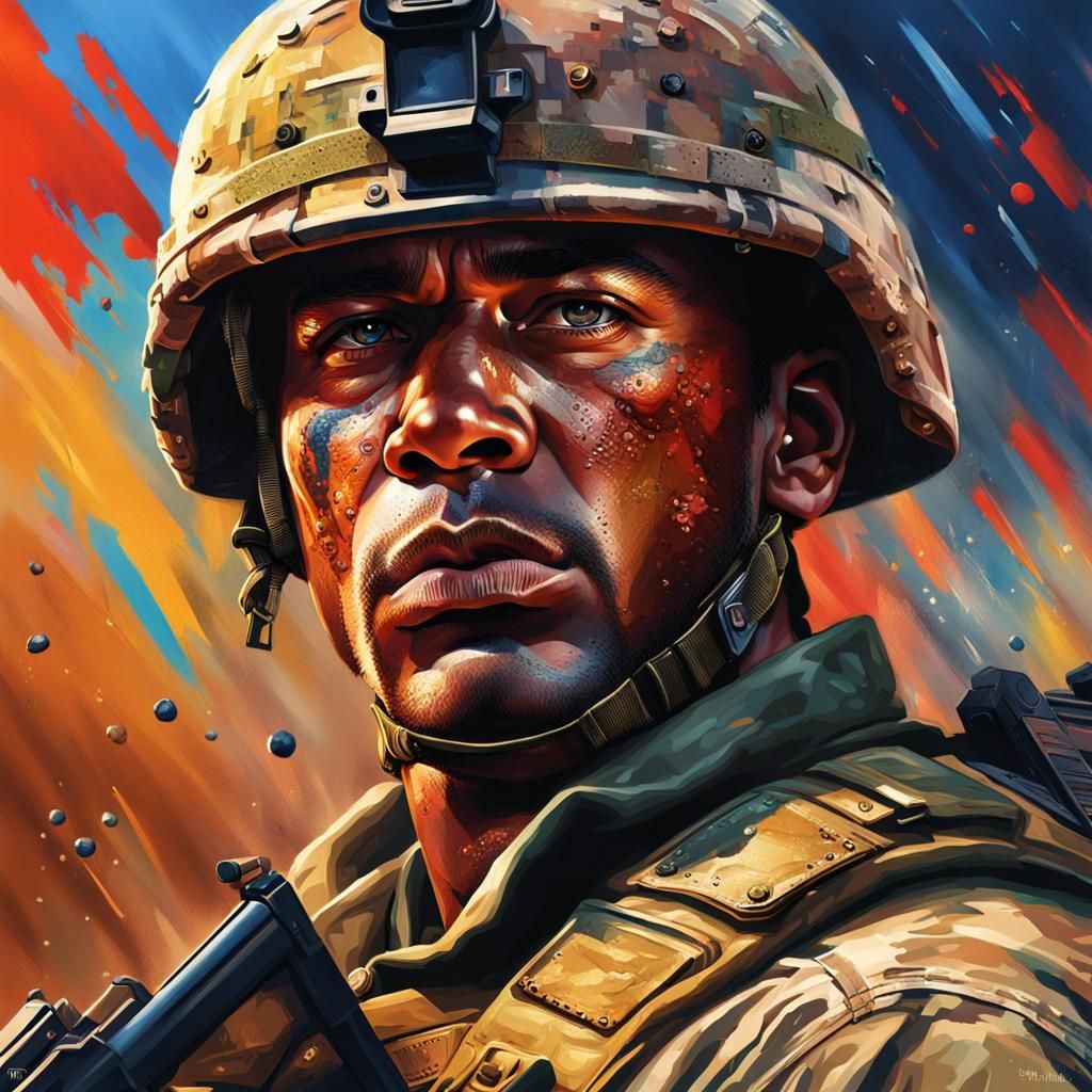 Detailed Portrait of an American Soldier in Splash Art