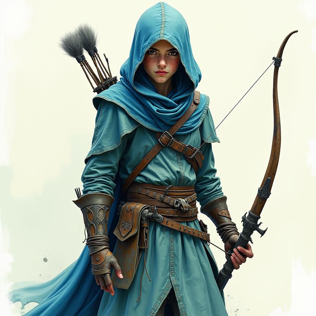 Hooded Assassin with Longbow in Watercolor Wonderland