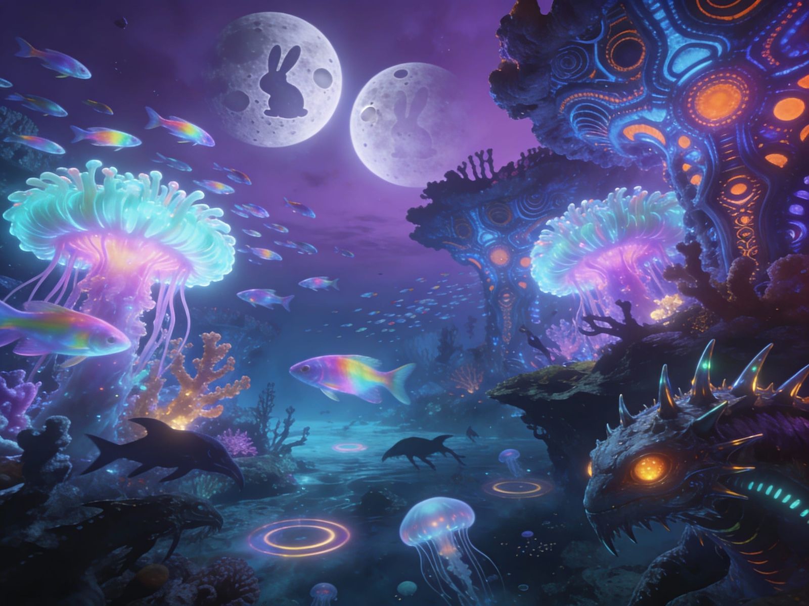 Vibrant Alien Coral Reef Under Twin Moons