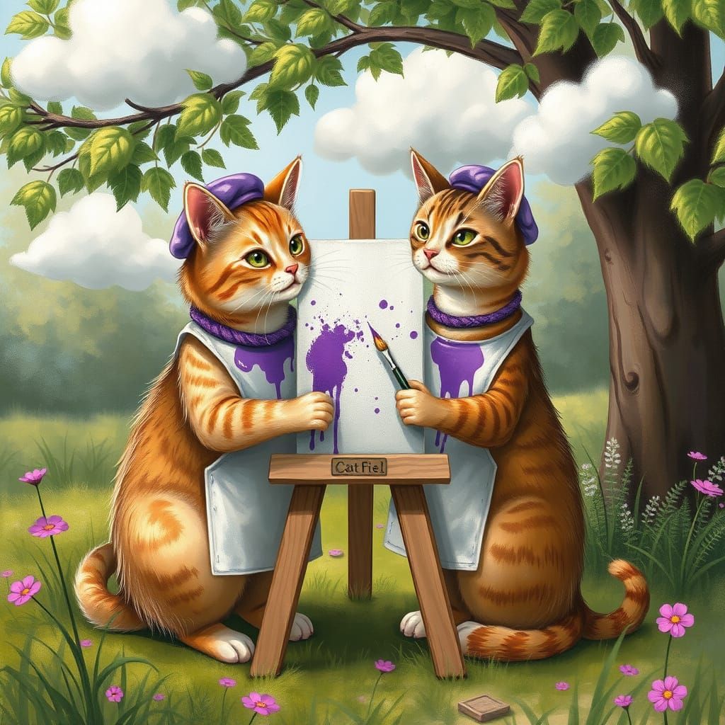 Whimsical Cats Paint Portraits in a Dreamlike Garden