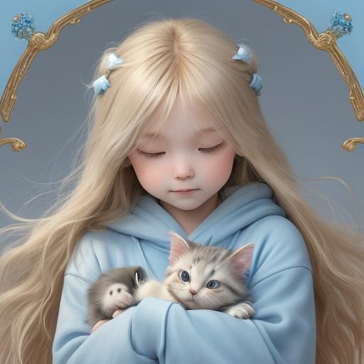 Child and Kitten Portrait in Digital Painting Style