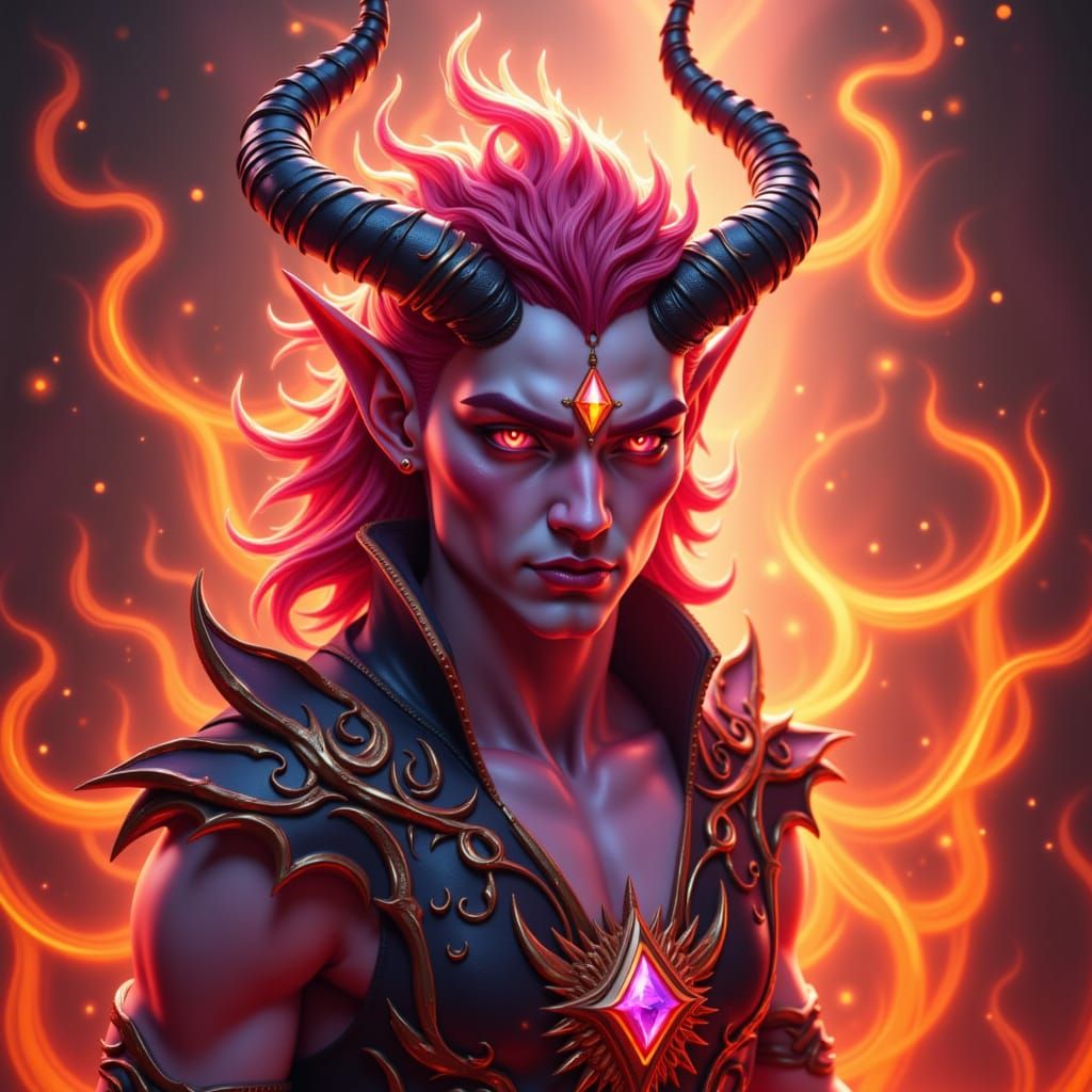 Tiefling Prince Dragon Hybrid in Fiery Vortex