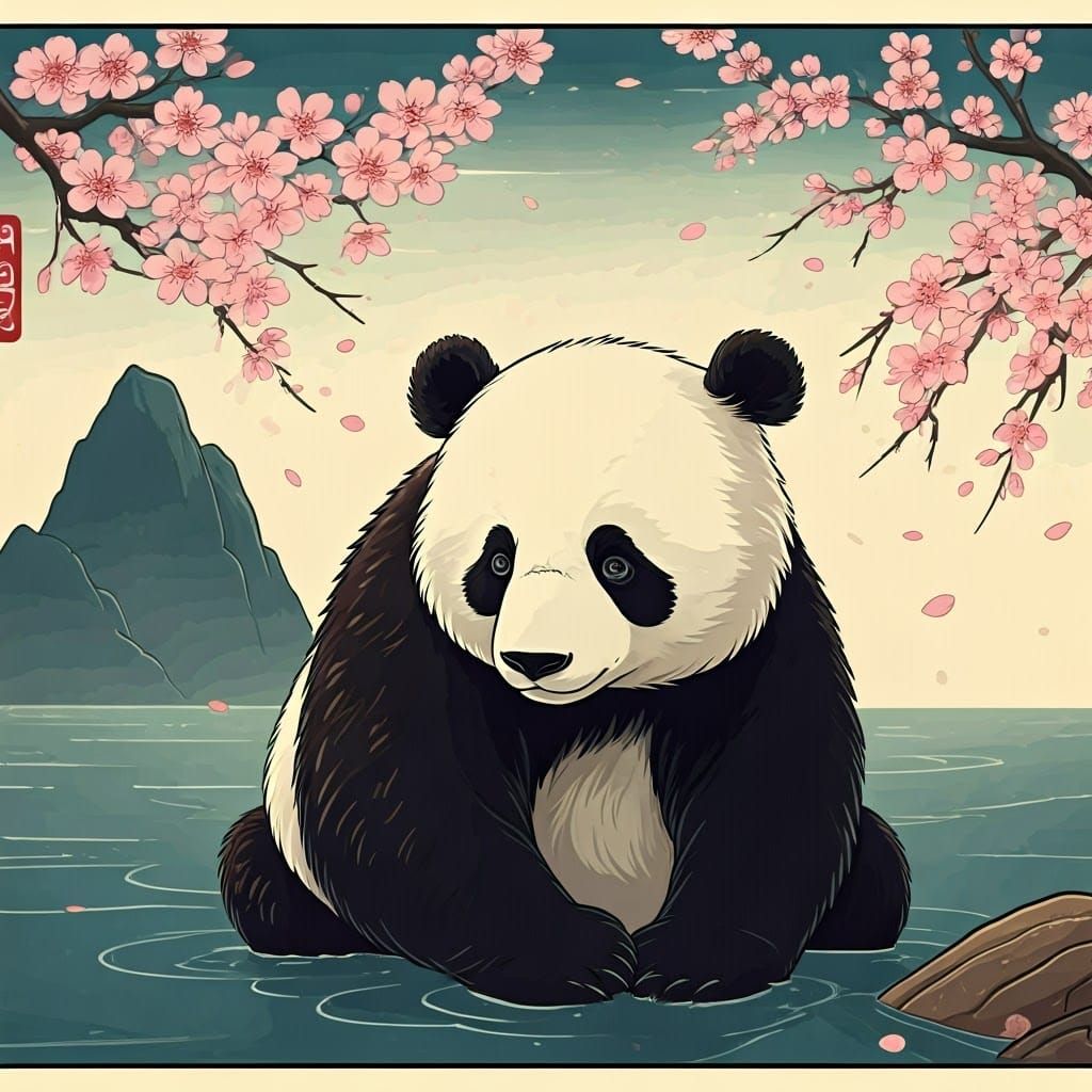 Panda Bear with Cherry Blossoms in Ukiyo-e Style
