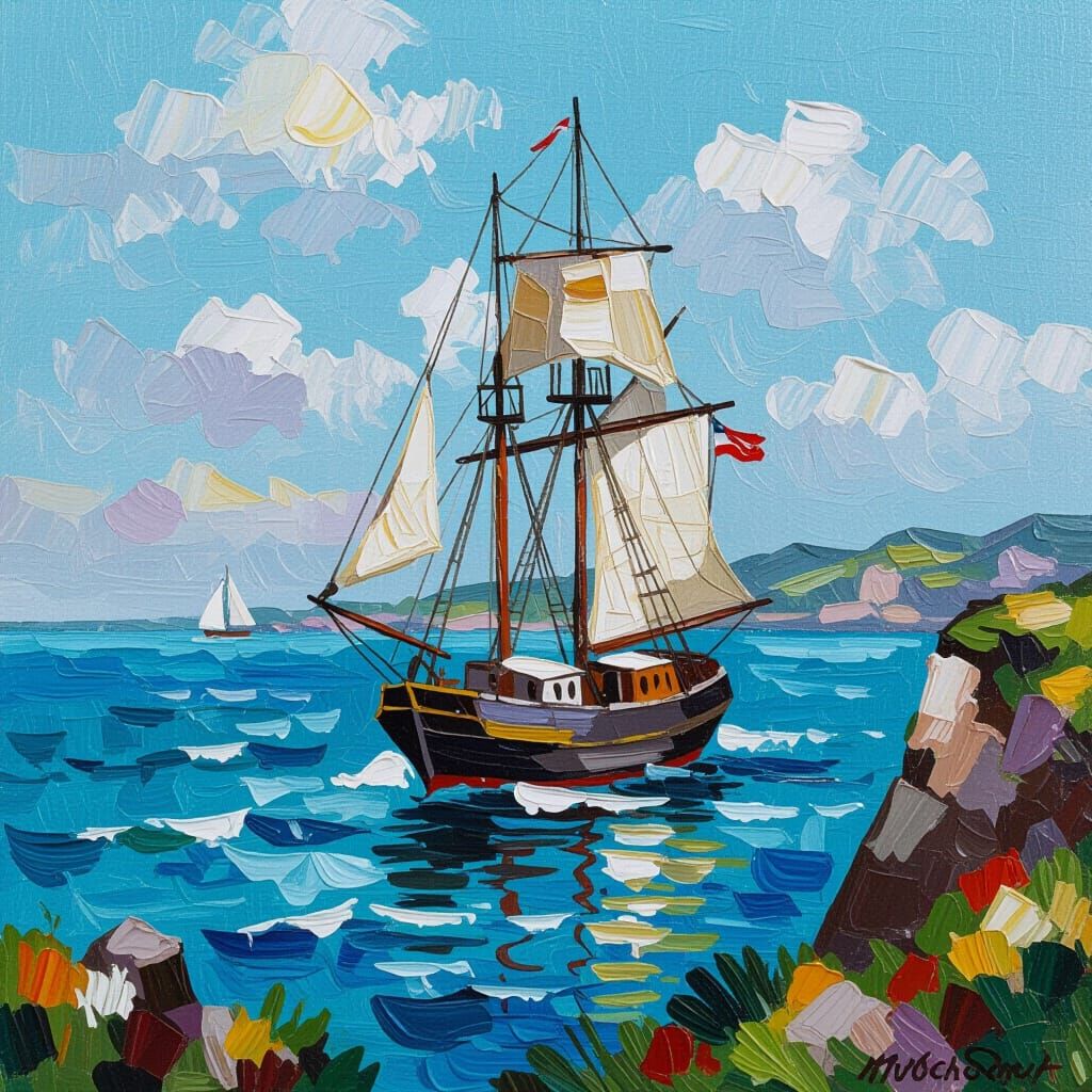 Impressionistic Sailing Ship at Sea, Viewed From Cliff