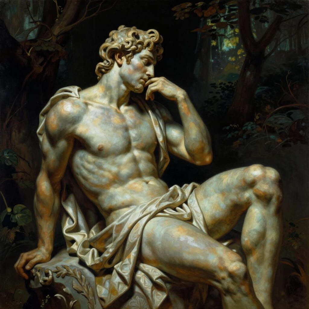 Greek Statue Lovers in Enchanted Forest