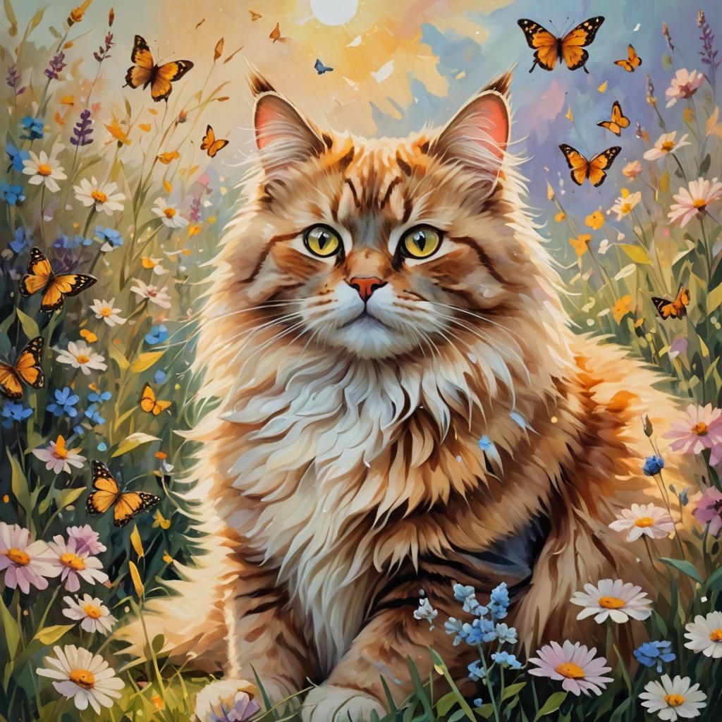 Fluffy Cat in Flower Field: Impressionist Oil Painting