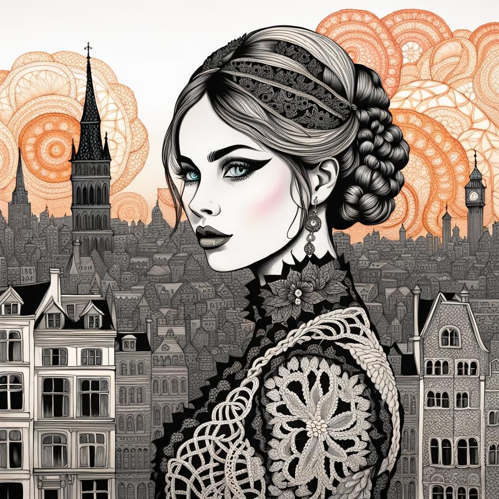 Lace-Clad Girl in Zentangle Cityscape, Louis Wain Style