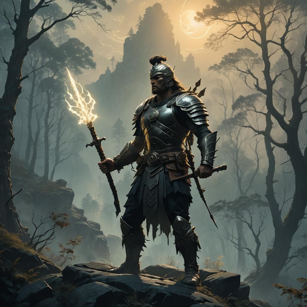 Mystical Warrior Overlooking Forest in Frazetta Style