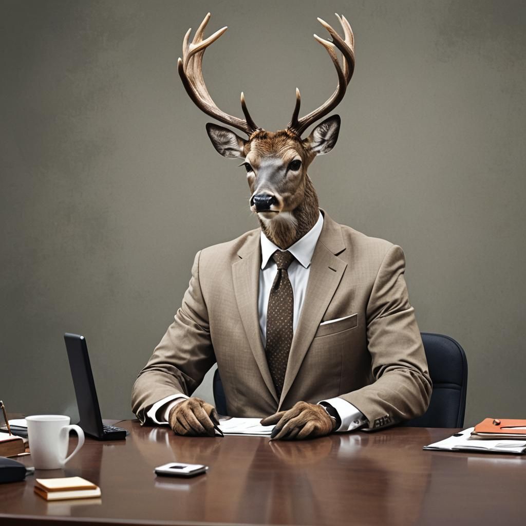 Deer in Business Suit at Office Desk