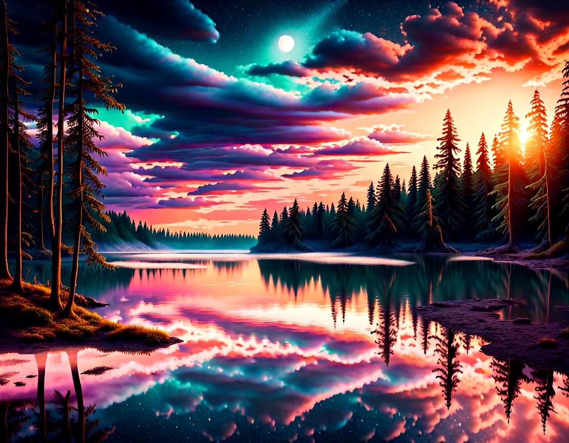 Cosmic Sunset Over Fantasy Lake Beach
