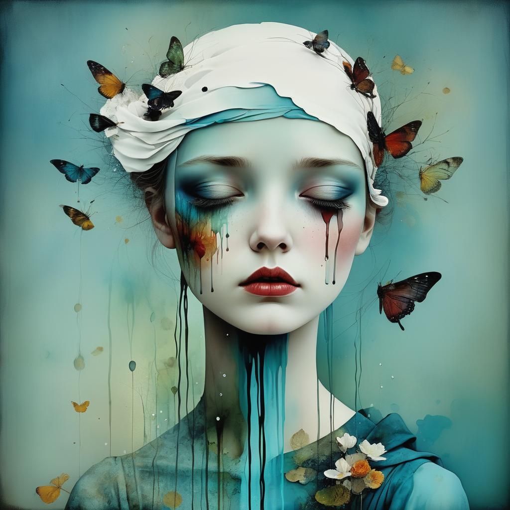 Sad Crying Portrait with Alcohol Ink