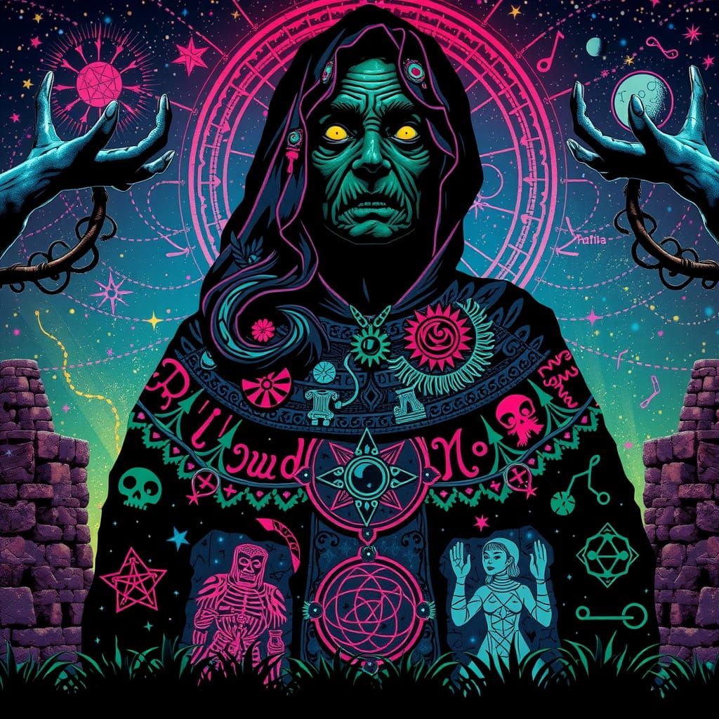 Mystical Crone Under Starry Zodiac in Holographic Psychedeli...