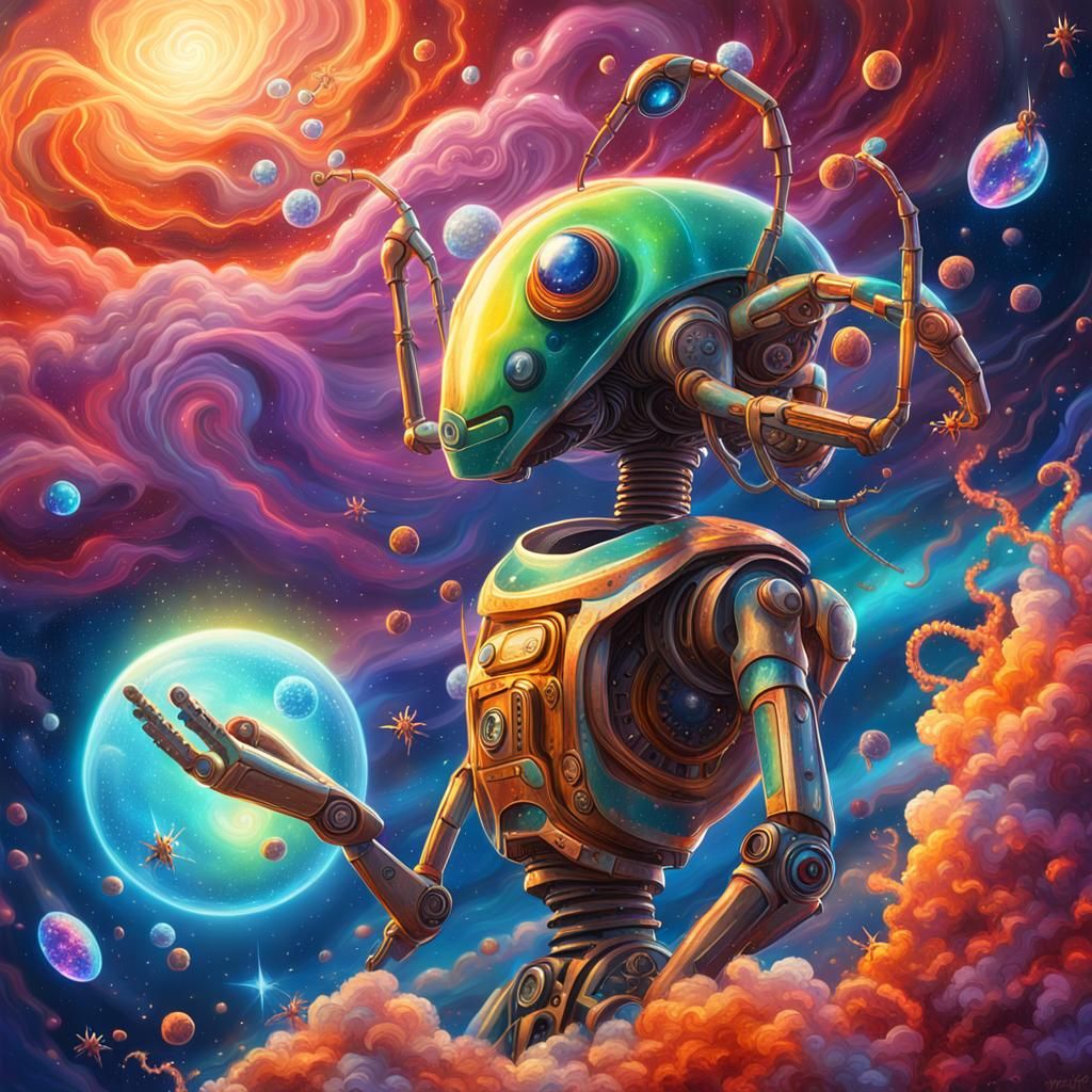 Surreal Cosmic Robot in Vibrant Dreamscape