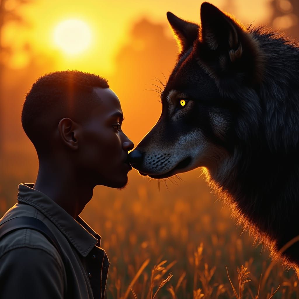 Golden Harmony: Man and Wolf Connect in Serene Landscape