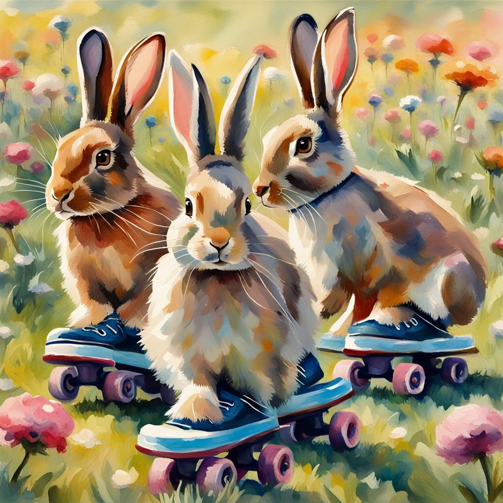 Rabbits Roller Skating in Meadow, Gouache Style