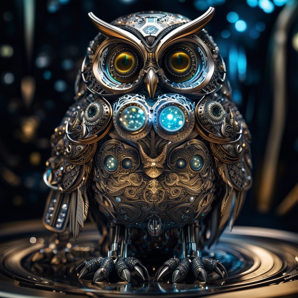 Cosmic Owl Robot Pet in Surrealist Style