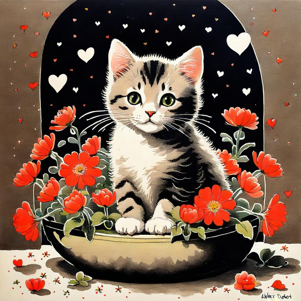 Cute Cat with Flowers in Cartoon Art Style