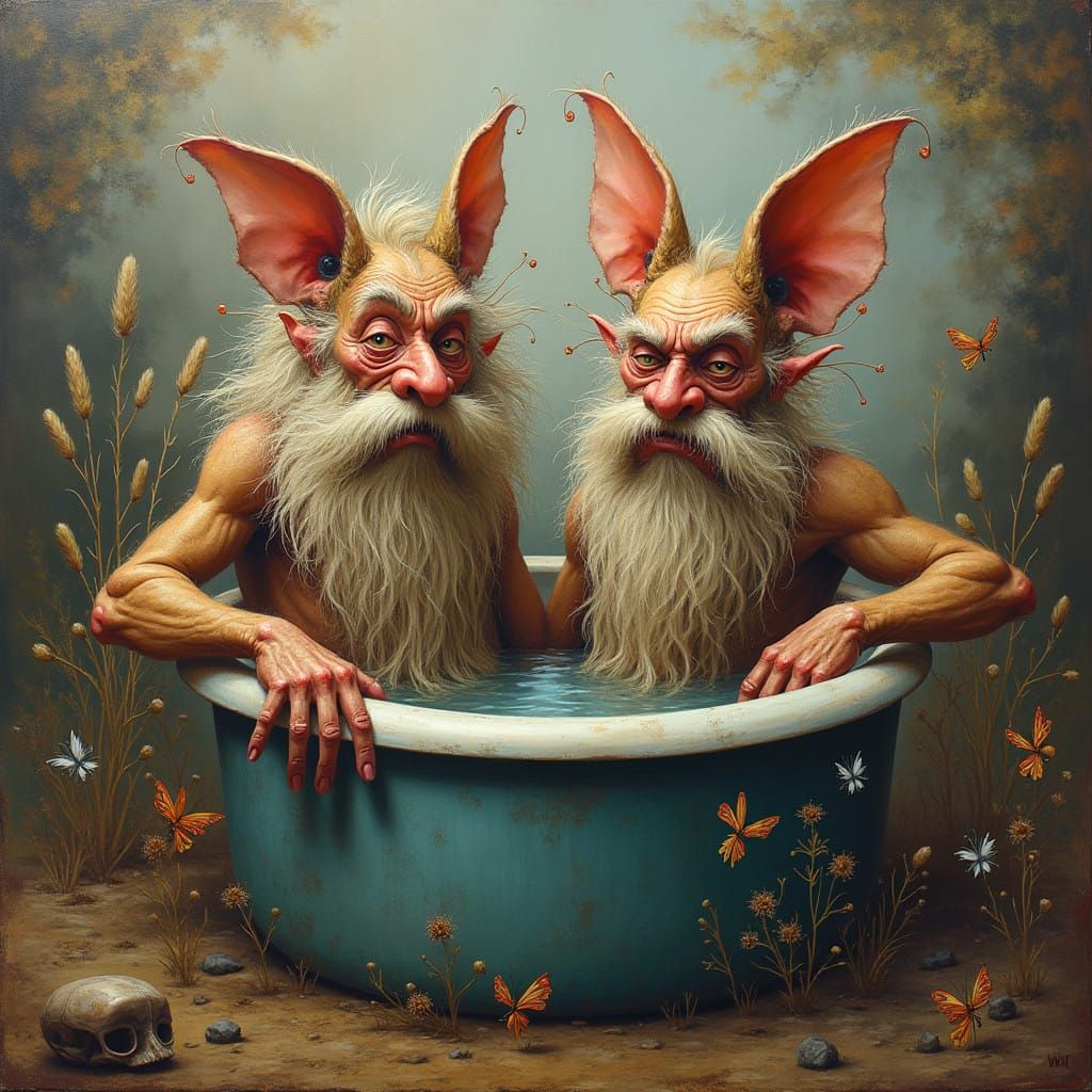 Whimsical Surreal Hillbillies Soak in a Hot Tub