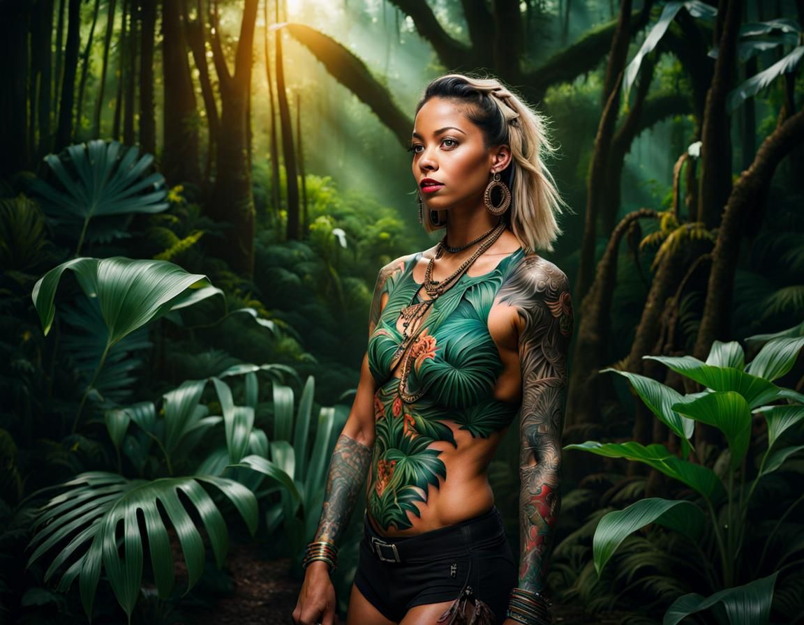 Woman with Intergalactic Tattoos in Jungle