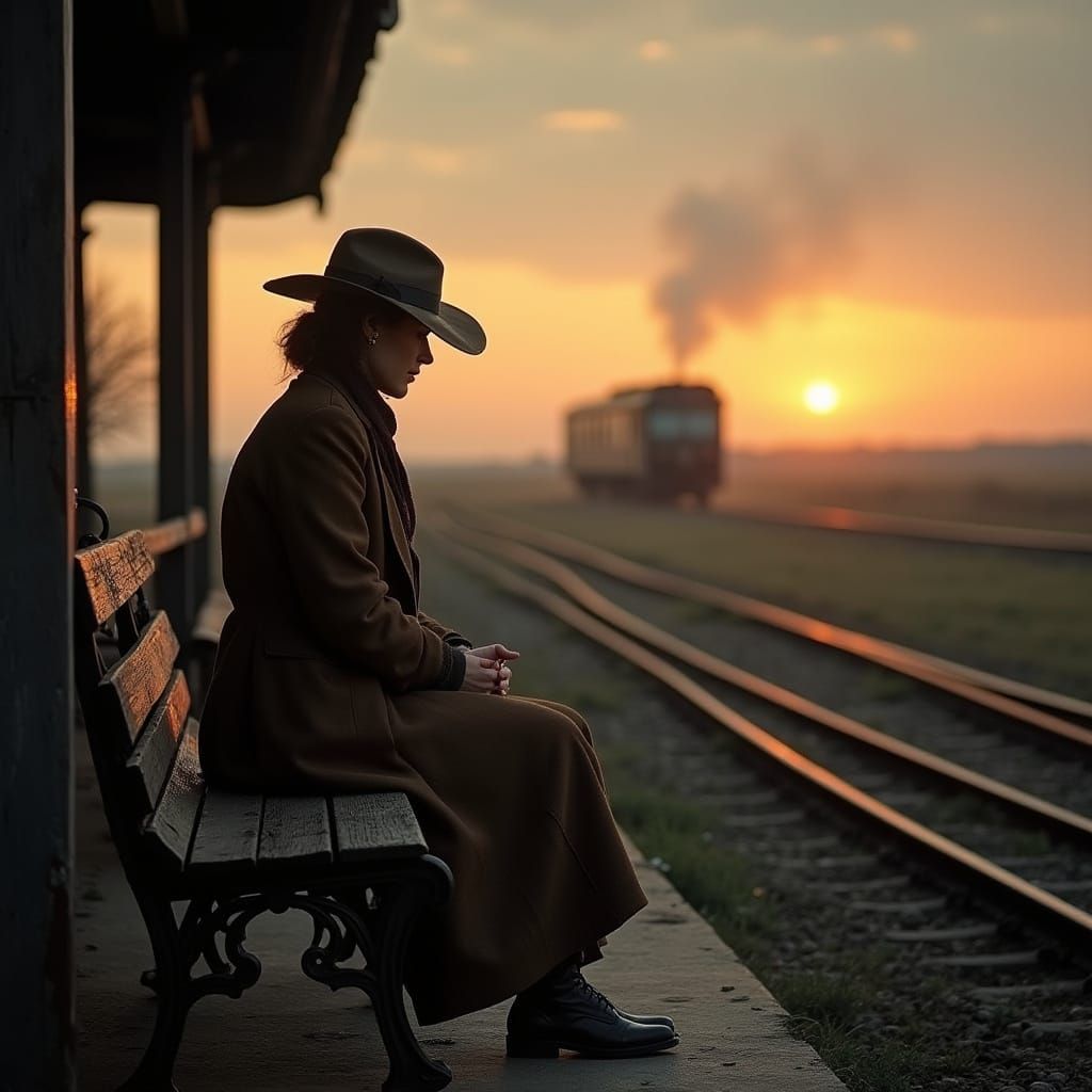 Lonely Woman Contemplates Ephemeral Life at Rural Train Stat...