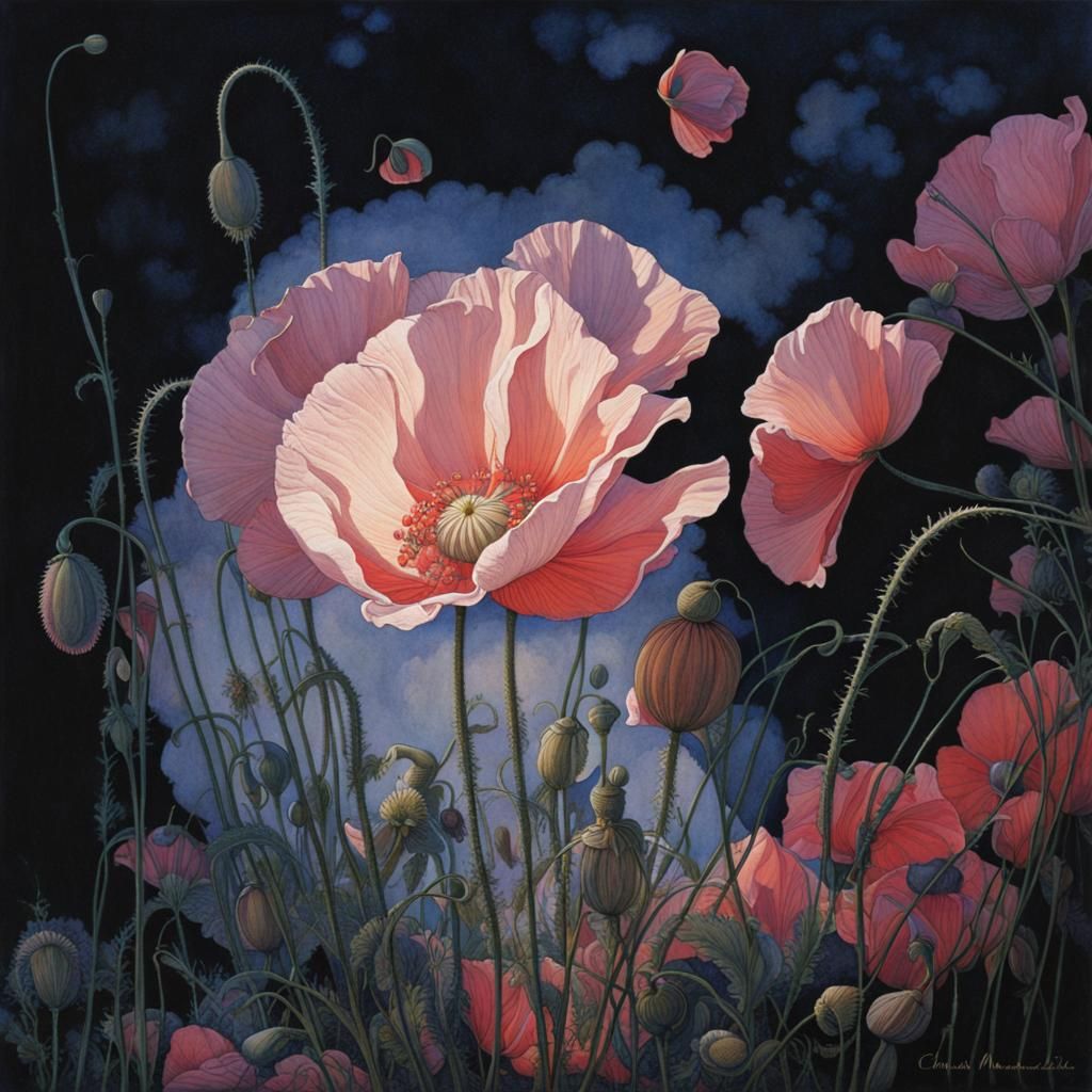 Pink Poppies in Evening Light, Detailed Illustration