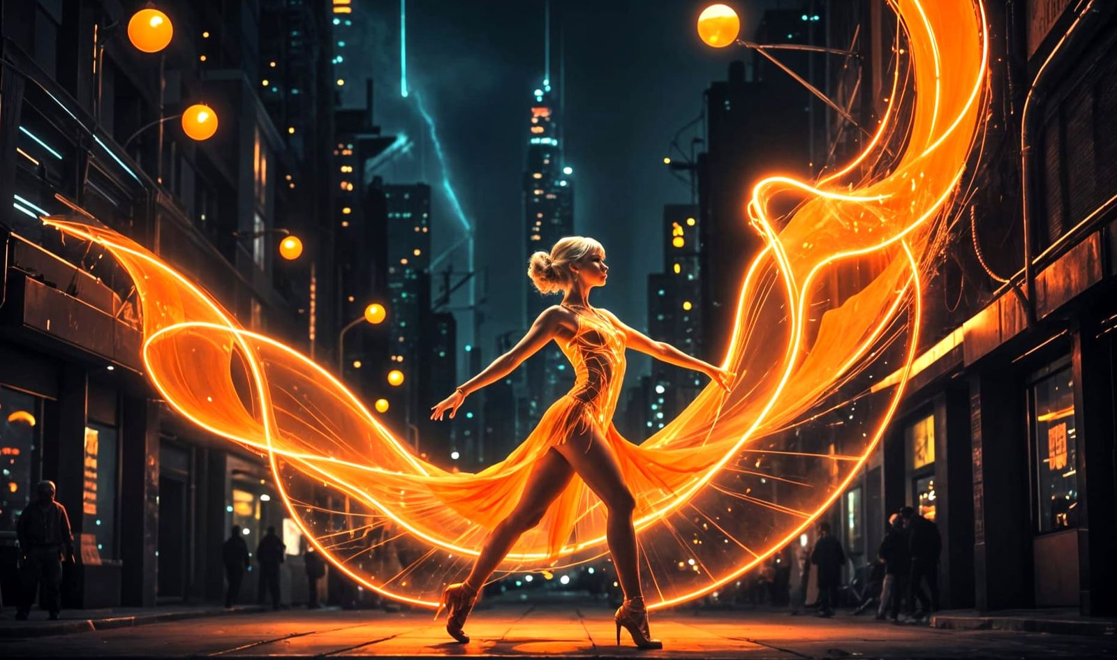 Dancer in Orange Amidst Neon Retro Futurism City