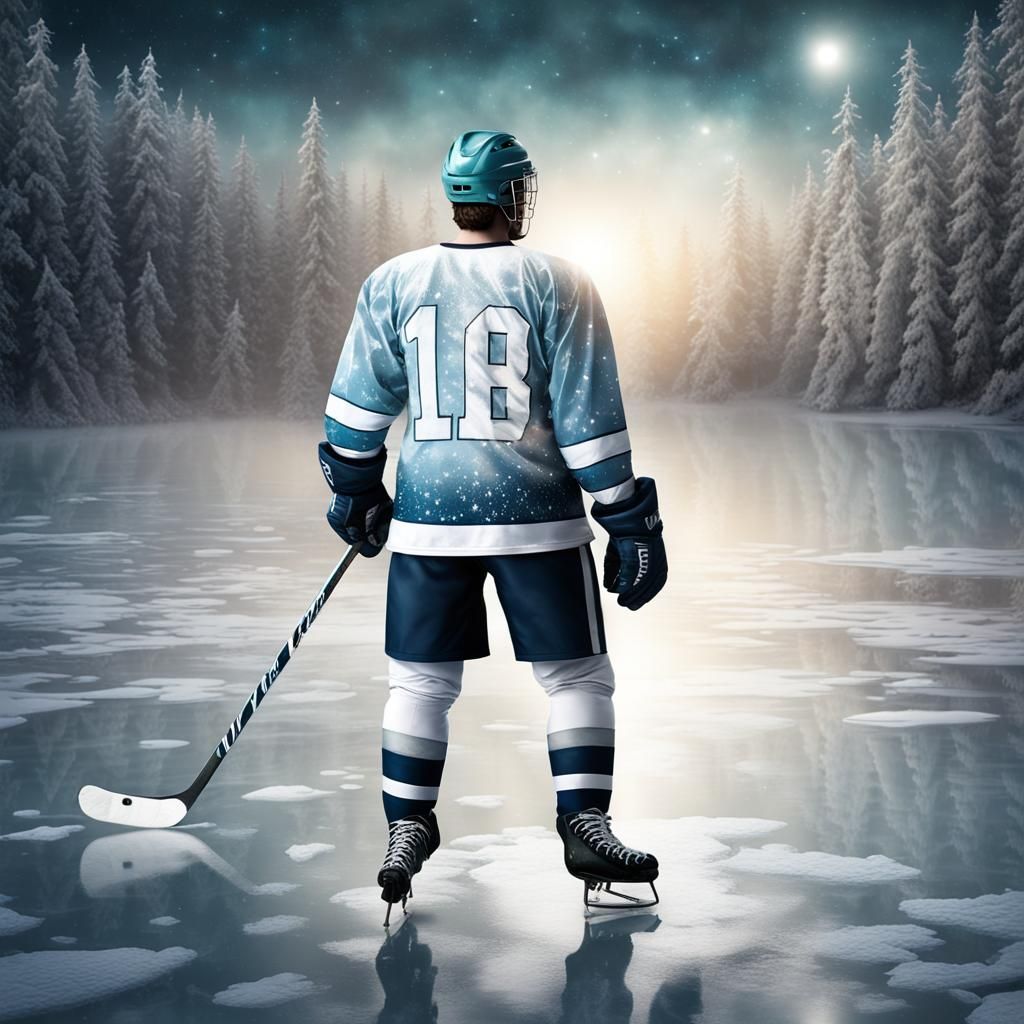 Divine 1950s Hockey Player on Frozen Lake