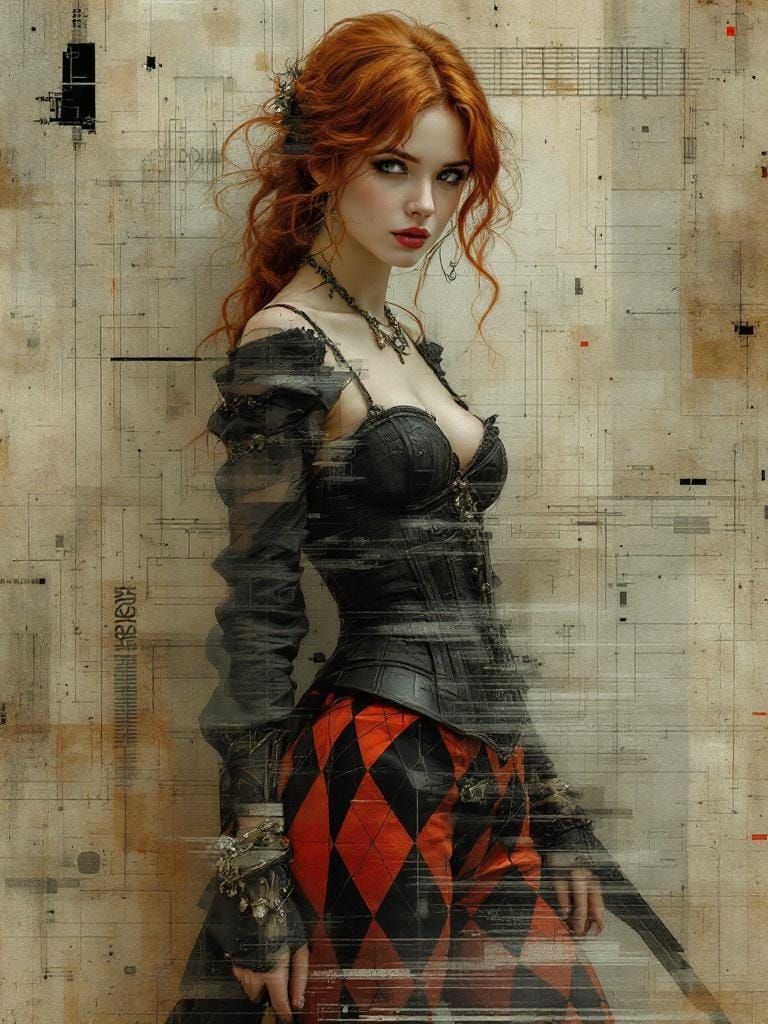 Redhead Pin-Up in Glitched Renaissance Style