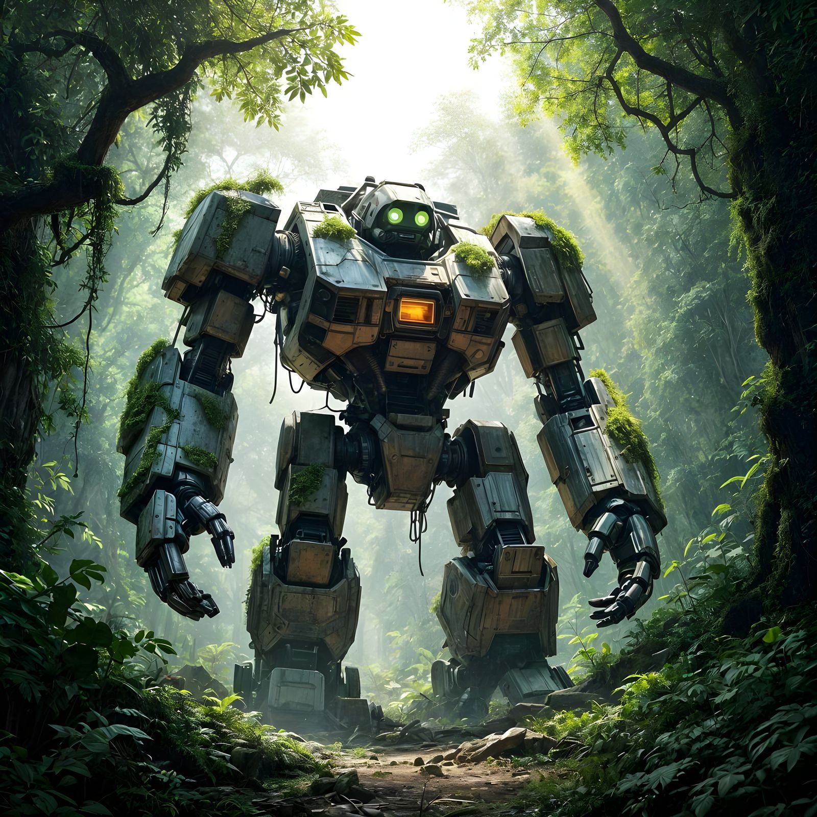 Ancient Jungle Robot Overgrown with Moss and Vines