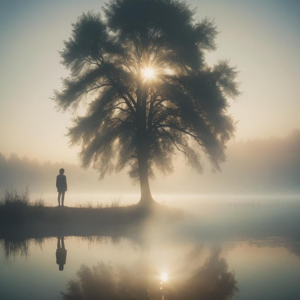 Misty Lake Dreamscape with Figure in Cinematic Style