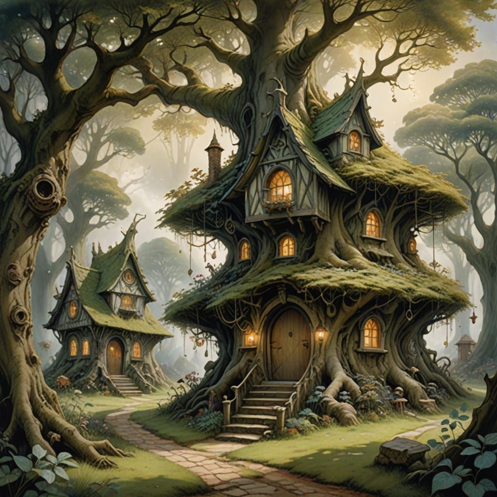 Whimsical Elf Village in Ancient Oak Grove