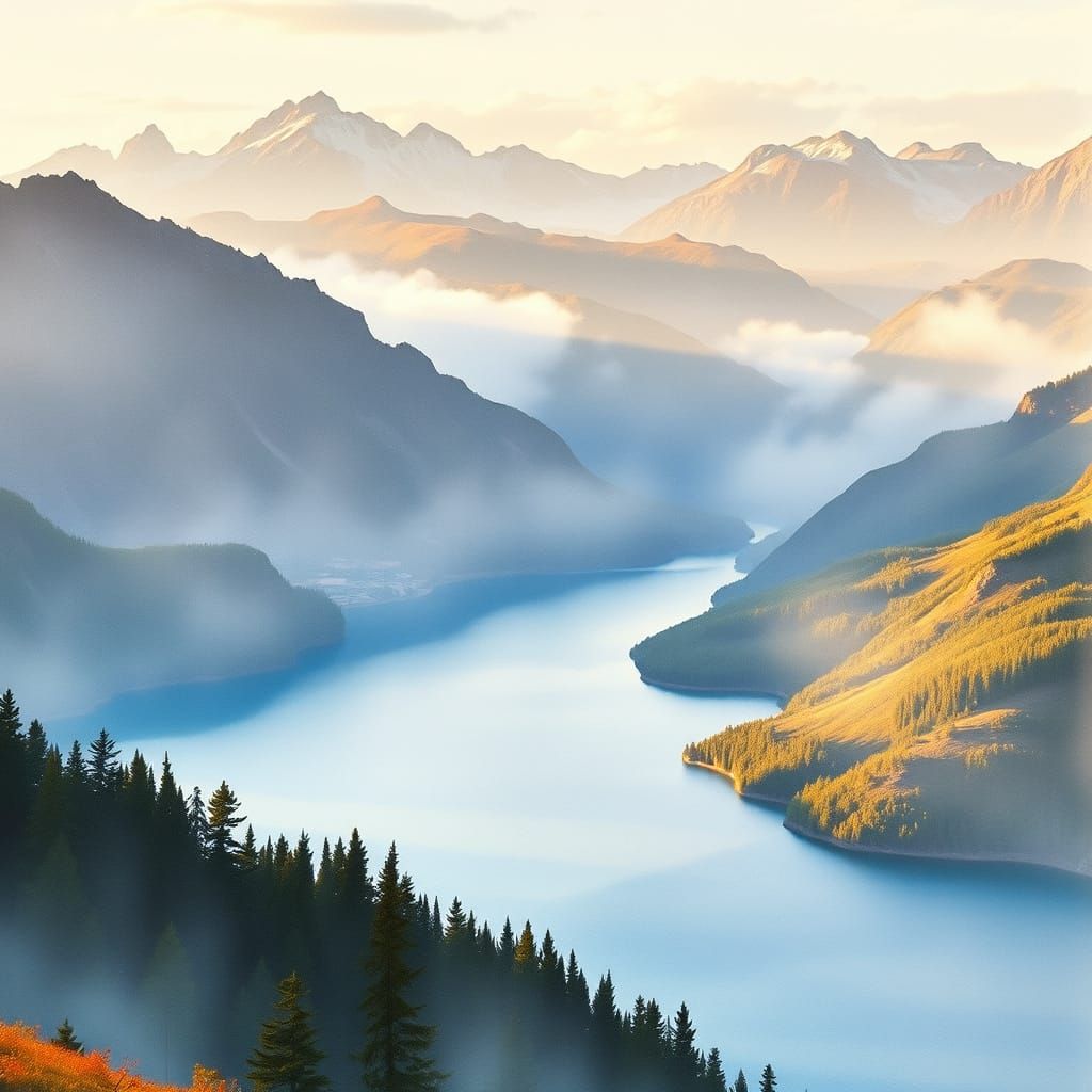Dreamy Watercolour Mountain Lake Landscape