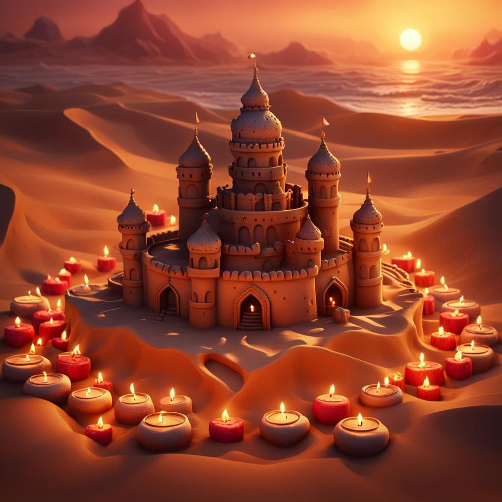 Romantic Desert Sandcastle at Sunset: Fantasy Concept Art