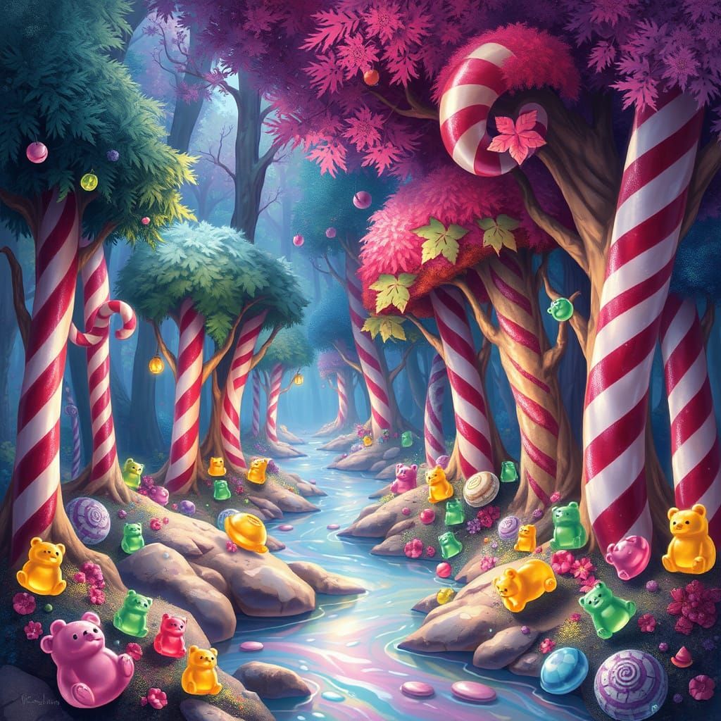 Mystical Candy Cane Forest with Gummy Bear Leaves