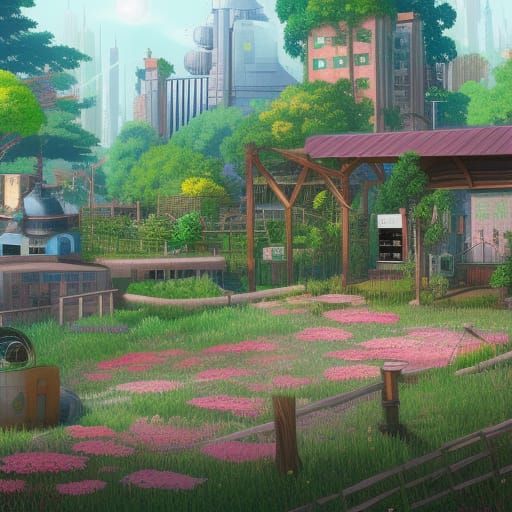 Studio Ghibli Solarpunk Urban Farm: Detailed Matte Painting