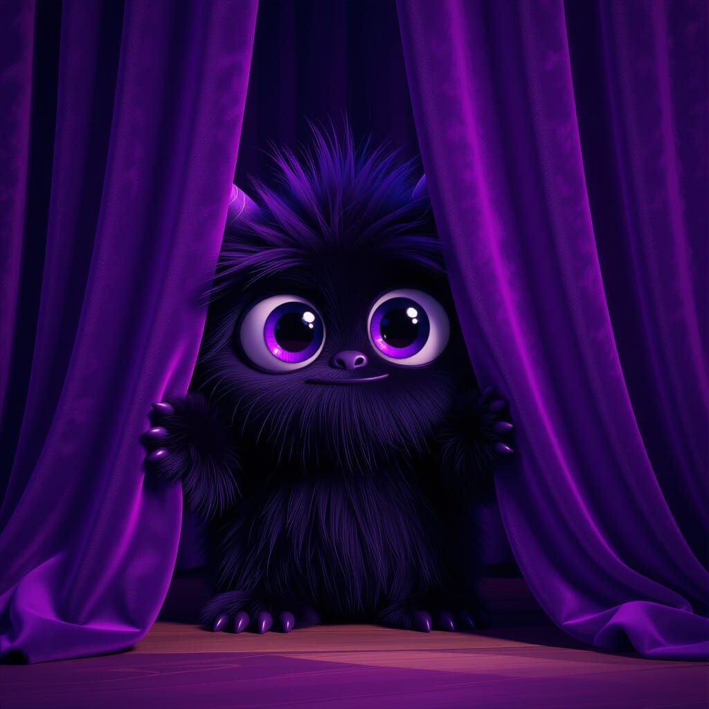 Shy Monster Peeking from Velvet Curtain - Digital Matte Pain...