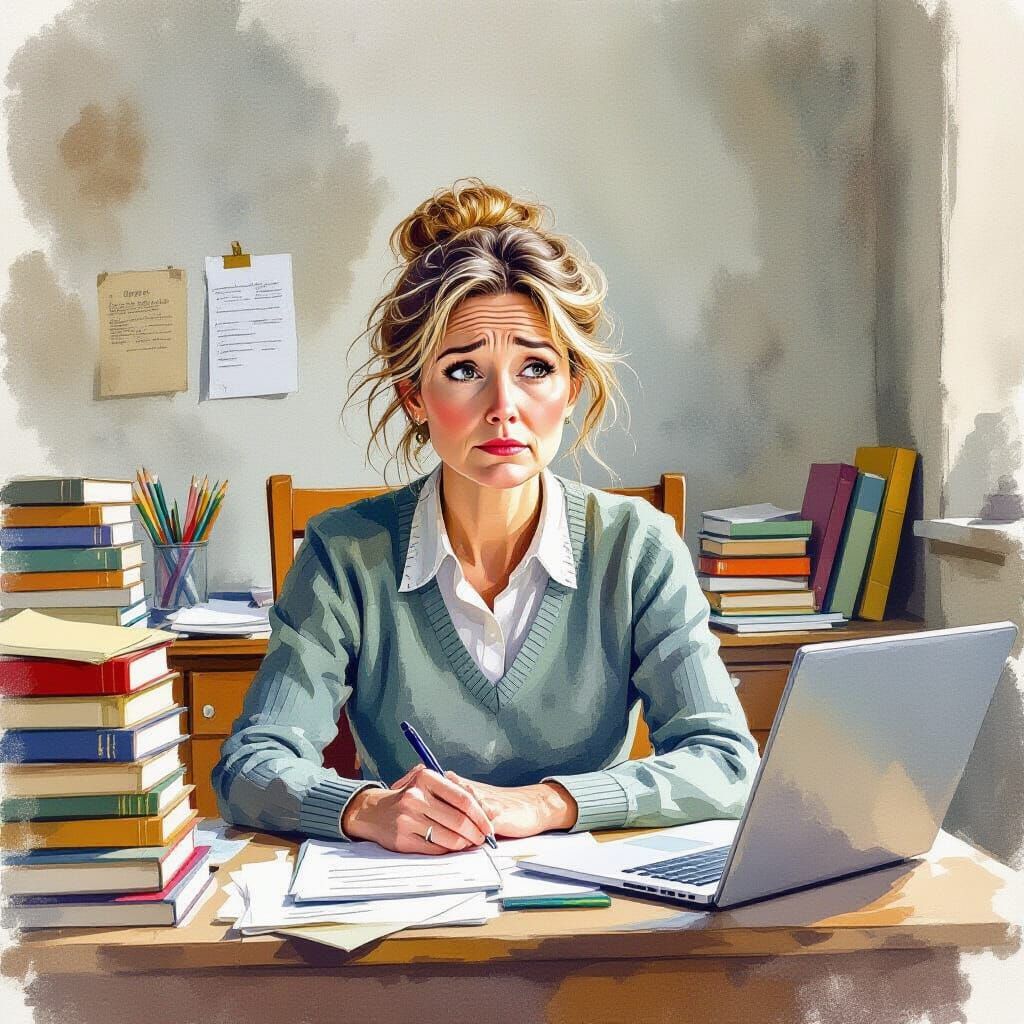 Exhausted Teacher at Cluttered Desk in Moody Watercolor Styl...