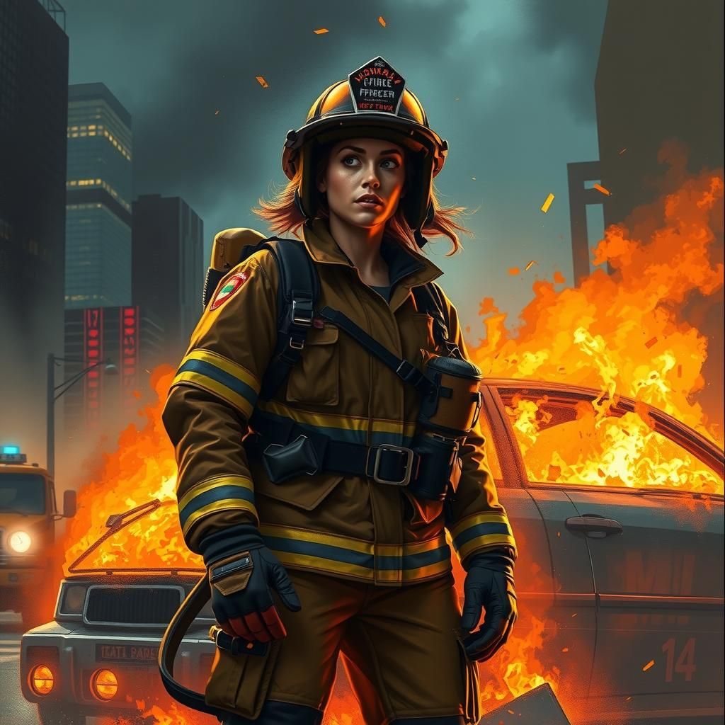 Chicago Firefighter in Burning Urban Landscape